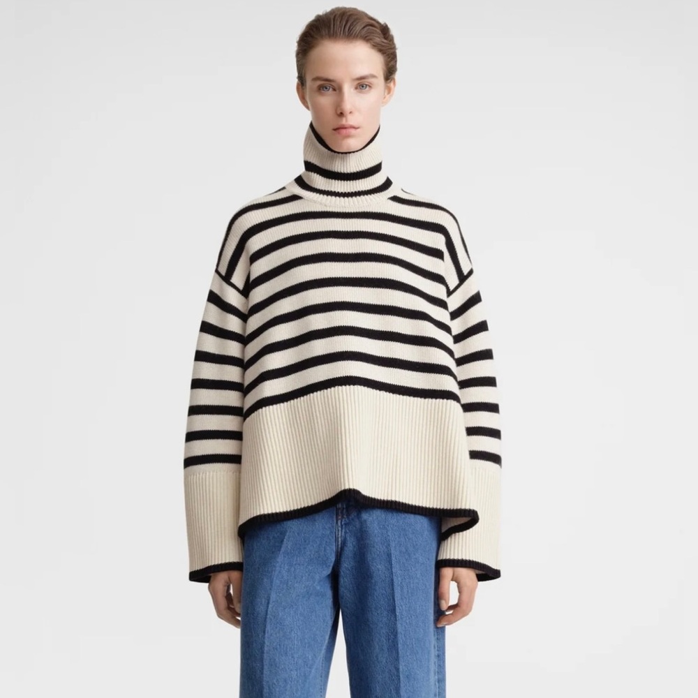 Toteme Black and Cream Striped Turtleneck Sweater